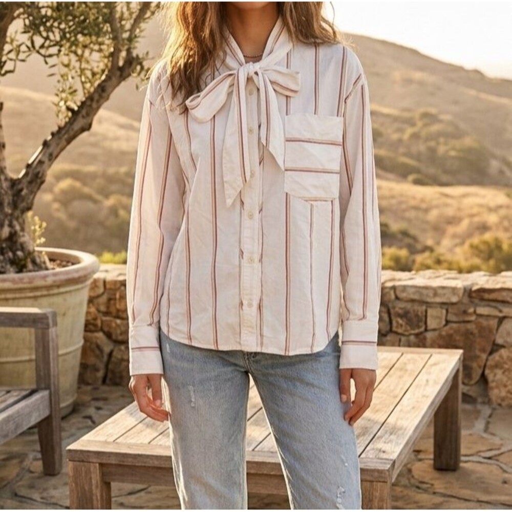 Free People We The Free Tied With a Bow Shirt Top Striped Print Cotton M 287853